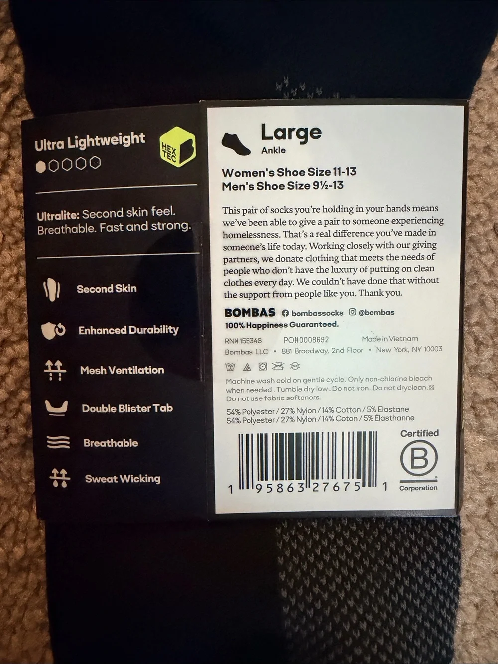 NWT Bombas Sport UltraLite Black Athletic Socks Size Large